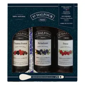 St. Dalfour jams are made in the heart of the French countryside using an ancient recipe. They are 100% natural fruit. Contains pieces of fruit. No sugar is added. Only the natural sweetness of the fruit juice concentrate is used. This natural sweetness produces a fresher and more delicious taste than if artificial sweeteners were added.